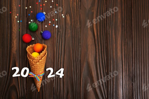 Preview: Waffer cones with rainbow color balls digits and confetti on wooden background. Lgbtq party concept