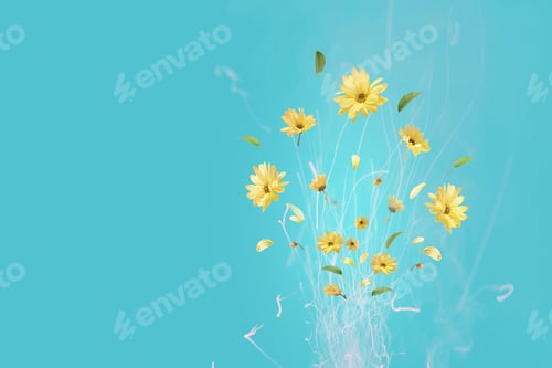 Preview: Bouquet of yellow flowers in the form of fireworks on a blue background with copy space.