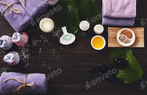 Preview: Spa treatment, aromatherapy background. Details and accessories
