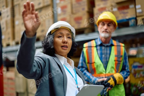 Preview: Mature female inspector visiting workers at distribution warehouse.