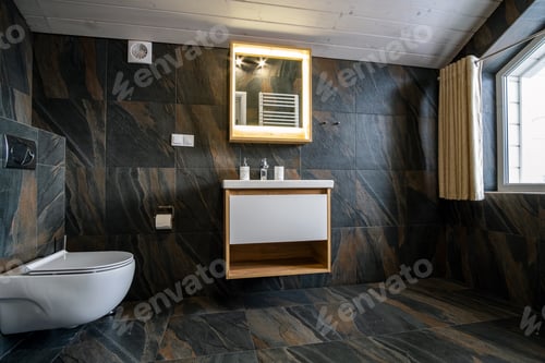 Preview: Interior of modern stylish bathroom with black tiled walls, curtain shower place and wooden
