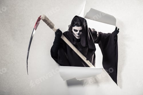 Preview: woman in death costume holding scythe and getting out of hole in paper