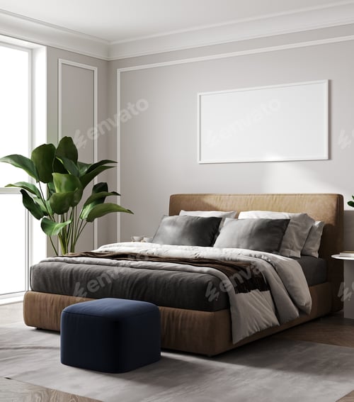 Preview: Scandinavian bedroom with bed, blue pouf, plant and a big art frame, 3d rendering