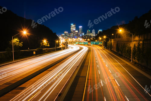 Preview: The Pittsburgh Skyline And I-279 At Night, In Pittsburgh, Pennsylvania.