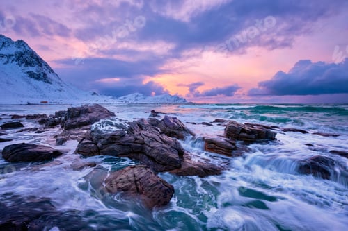 Preview: Norwegian Sea waves on rocky coast of Lofoten islands, Norway