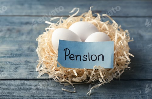 Preview: Eggs and card with word PENSION in nest on wooden background