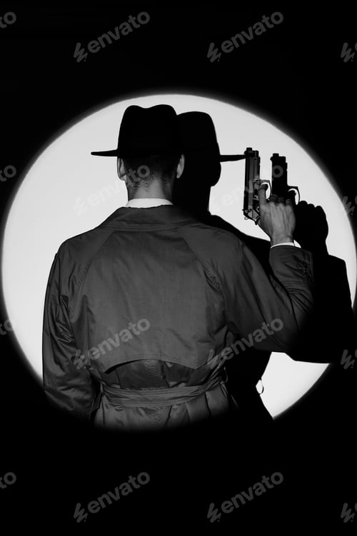 Preview: A dark silhouette of a male detective in a coat and hat with a gun in his hands in the noir style.