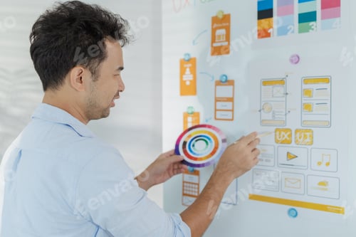 Preview: A creative designer is working on UX UI planning, reviewing wireframes