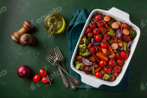 Preview: Roasted Vegetables with Sausage on Dark Green Surface