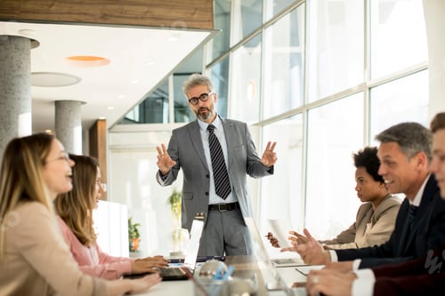 Preview: Mature businessman explaining strategy to group of multiethnic business people