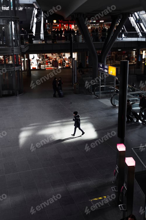 Preview: High angle view of woman walking in shopping mall