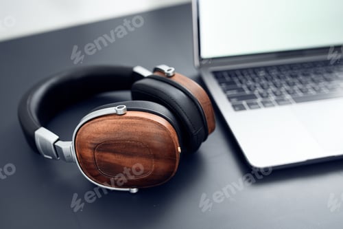 Preview: headphones on the table laptop technology