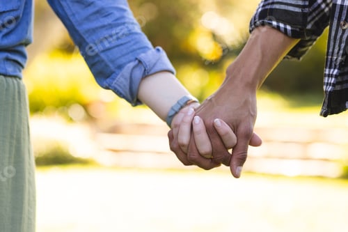 Preview: Diverse couple holding hands in sunny garden, copy space
