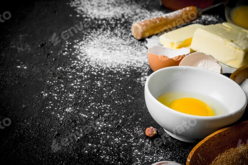 Preview: Baking background. Ingredients for dough preparation.