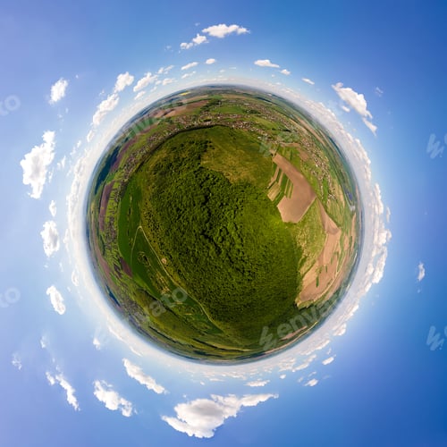 Preview: Aerial view from high altitude of little planet earth covered with white puffy cumulus clouds
