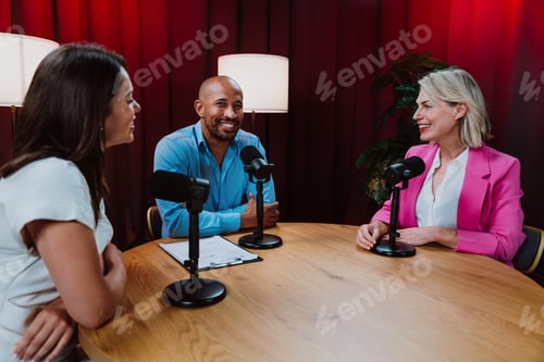 Preview: Group of three diverse hosts having a podcast discussion