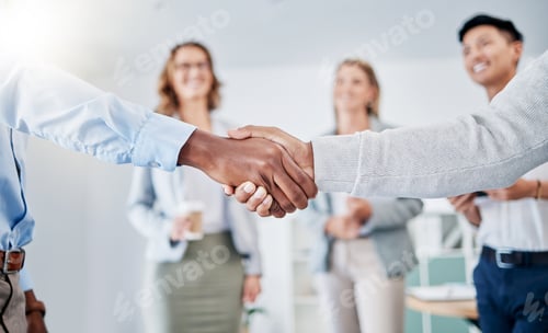 Preview: Closeup, business people and handshake for partnership, collaboration and achievement with group pr
