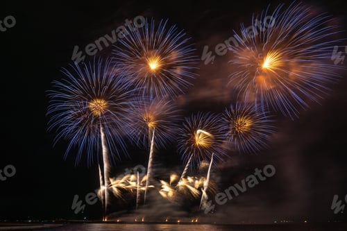 Preview: Fantastic Multicolor Firework exploding for Celebration from the big boat over the sea