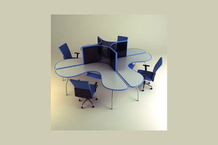 Preview: Curved glass desk with blue chairs in a semi-circular arrangement