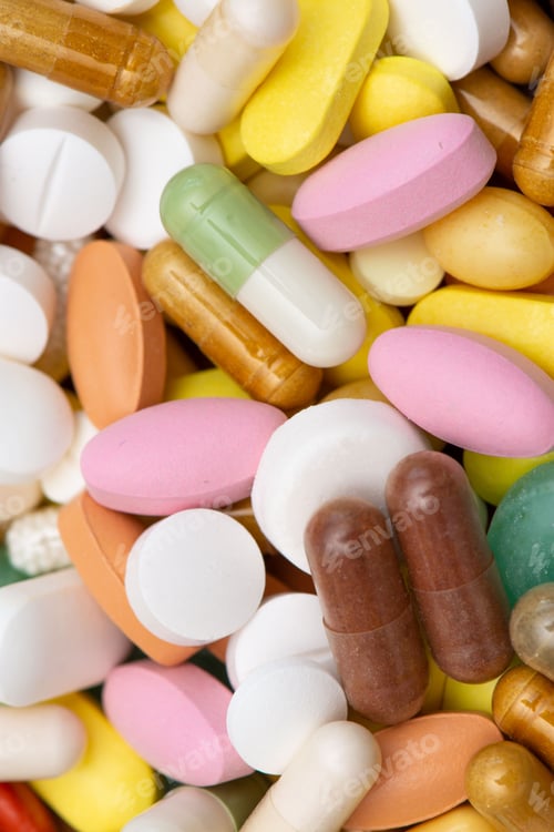 Preview: Vertical shot of medicines of different kinds, sizes, and colors piled up in bulk