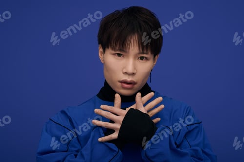 Preview: A young handsome asian man poses confidently with an artistic flair in a striking blue setting