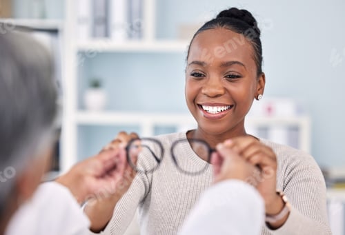 Preview: Black woman, patient and doctor with glasses, eye care and vision consultation with optometrist, ap