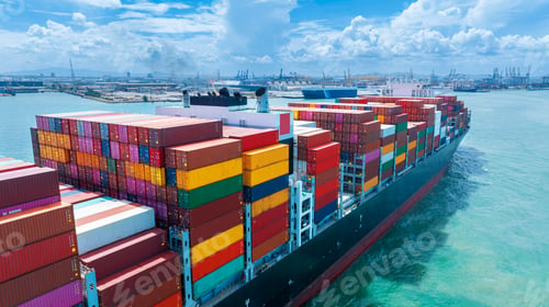 Preview: Stern of large cargo container ship import export container box on the ocean sea on blue sky