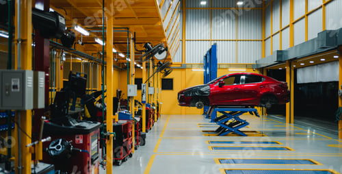 Preview: Closeup of Car in garage of auto repair service shop.