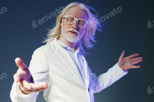 Preview: confident elderly man with long white hair and glasses wearing a stylish white suit against a dark