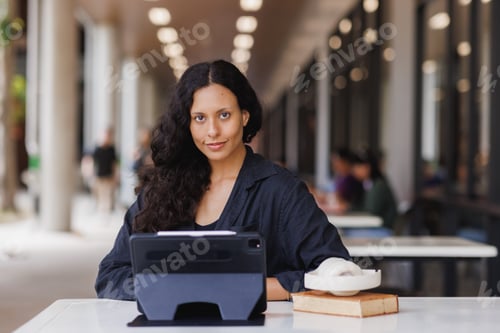 Preview: Young woman studying outdoors using digital tablet