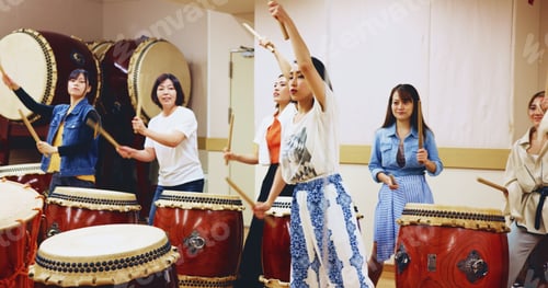 Preview: Japanese, drums and people in performance for music on instrument for stage practice, creativity or