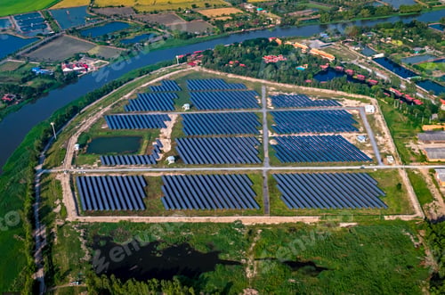 Preview: Solar farm, solar panels aerial photography