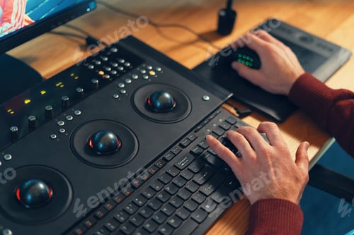 Preview: Video editor hands adjusting color or sound on working console machine