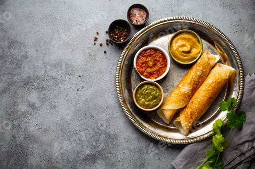 Preview: Traditional Indian rice pancakes Dosa with different dips chutney and seasonings