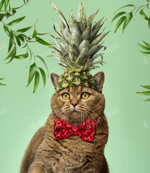 Preview: Portrait of a British Shorthair cat wearing a red sequined bow tie and a pineapple top hat.