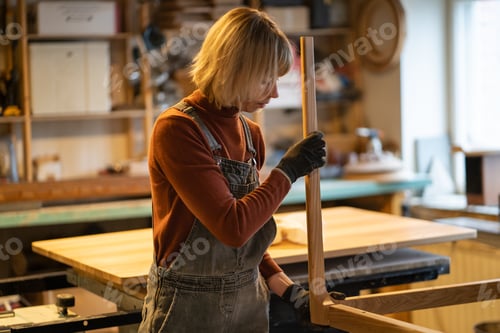 Preview: Craftswoman works on wooden table base assembly in carpentry workshop. Production and business