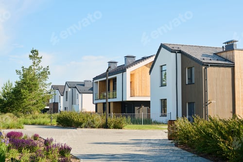 Preview: Perspective view of modern two storey village houses with front yards