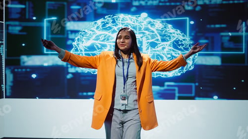 Preview: Expert showcasing latest innovations in AI, camera A