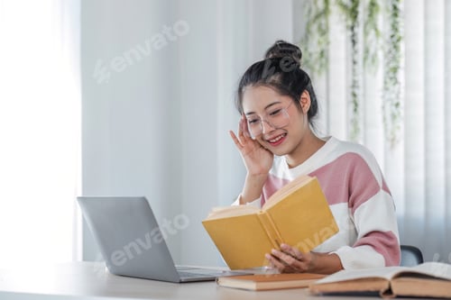 Preview: Asian girl student online learning class study online video call teacher, Happy asian girl learn