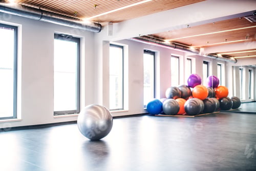 Preview: Young woman doing exercise with a fitball in a gym.
