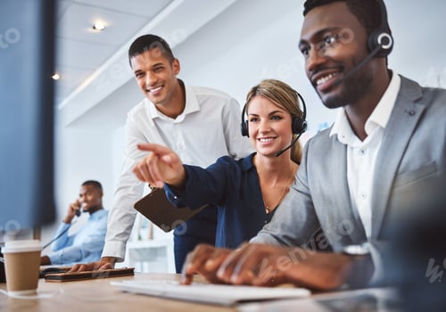 Preview: Happy caucasian female call centre telemarketing agent discussing plans with diverse colleagues whi