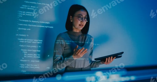 Preview: Female software developer mentor leader manager talk strategy plan to executive write prompt AI bot.