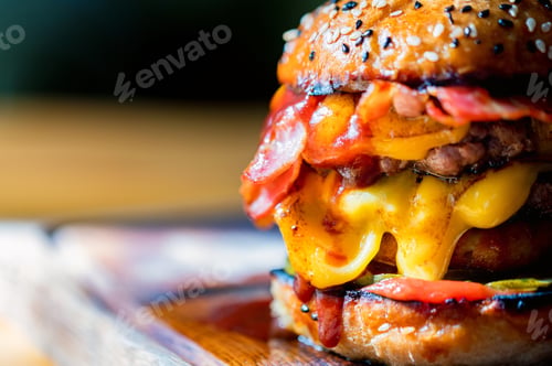 Preview: Close up tasty burger with minced meat served on tray