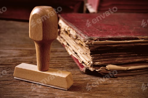 Preview: Closeup Of A Rubber Stamp And A Worn-Out Old Book, On A Rustic Wooden Table