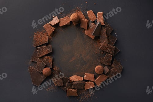 Preview: top view of arrangement of various types of chocolate and truffles with cocoa powder on grey surface