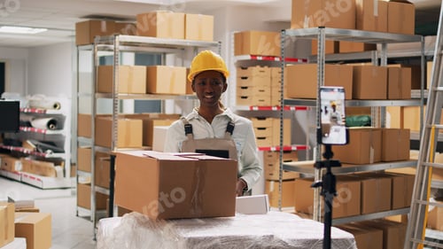 Preview: Young supervisor advertising goods in packages