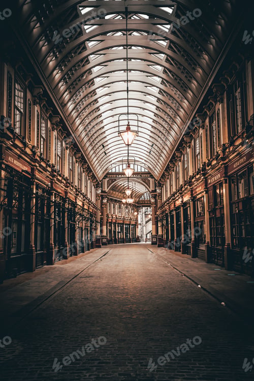 Preview: a dark street lined with windows and a covered ceiling for a commercial area