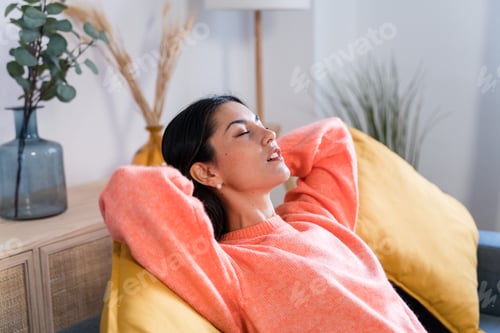 Preview: woman with closed eyes at home