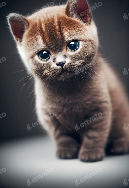 Preview: Tiny cute adorable brown british shorthair kitten, with black background,studio lighting.pure breed