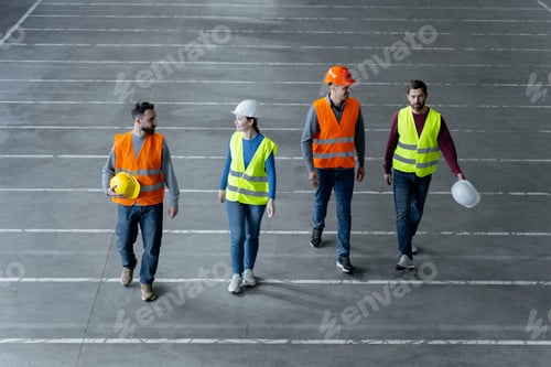 Preview: Group of factory workers, engineers, wearing hard hats, work wear, vests walking in warehouse